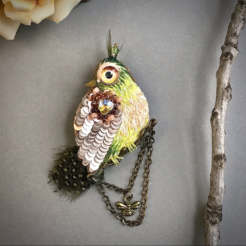 Artisan Embroidered Bird Brooch Textile Pin